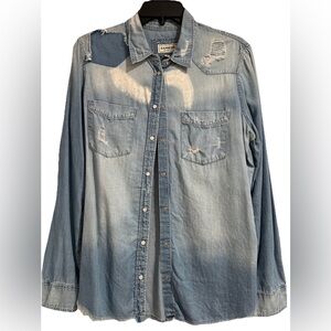 Express Boyfriend Denim Shirt Womens M Distressed Raw Hem Snap Button Blue
